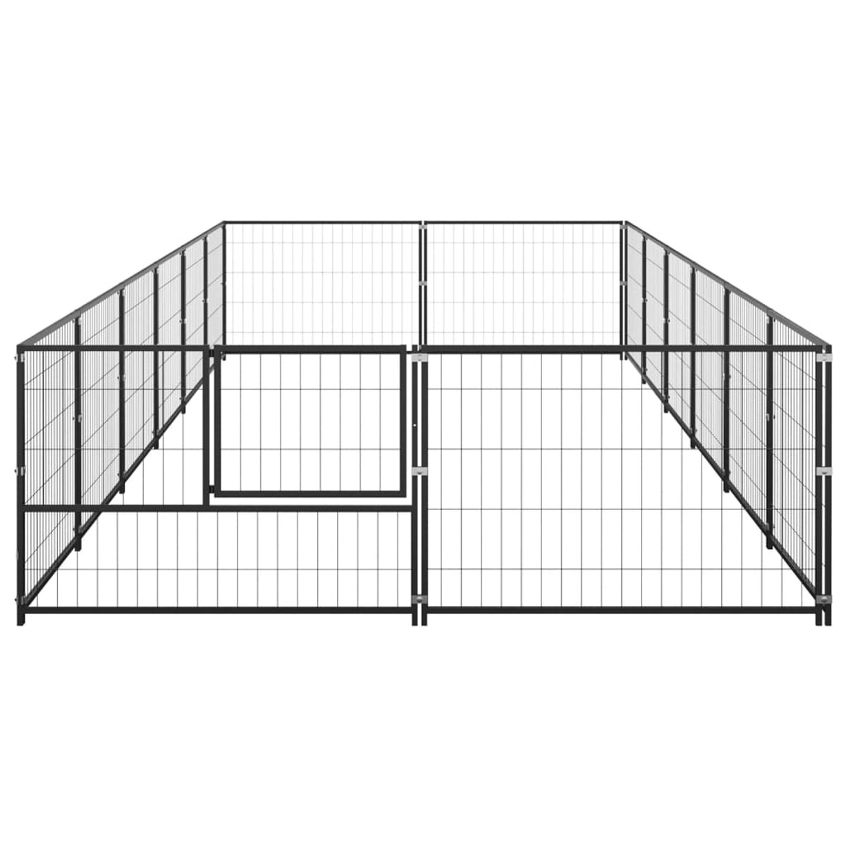 Ein großer Hunde-Außenkennel mit Tor, aus schwarzen Metallgitterplatten.