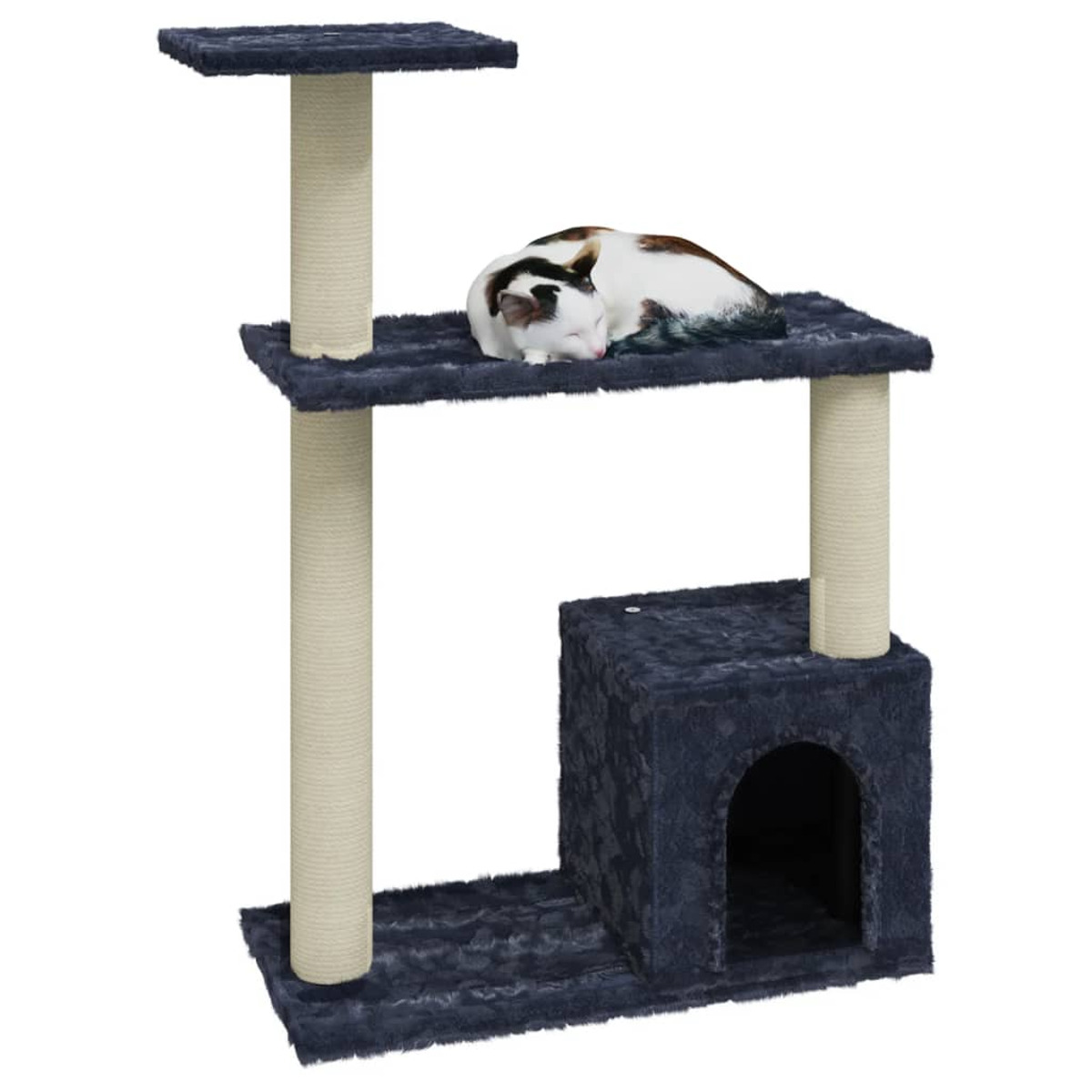 Ein Katzenbaum mit einer Katze auf der obersten Ebene. Der Baum ist dunkelblau und hat beige Säulen.