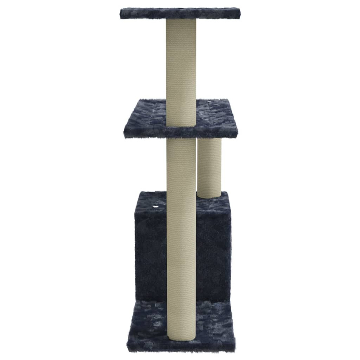Katzenbaum mit mehreren Ebenen, blauer Fell, Säulen und Basis, vertikales Design.