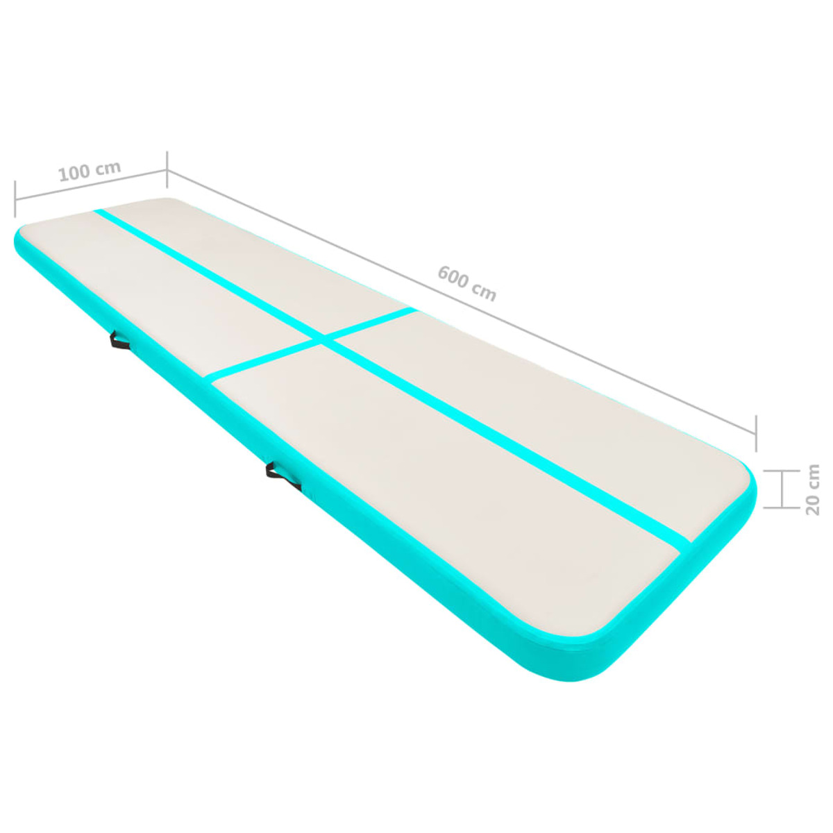 Un tappeto gonfiabile per pista aerea. È bianco e azzurro. Sono indicate le dimensioni di 100x600x20cm.