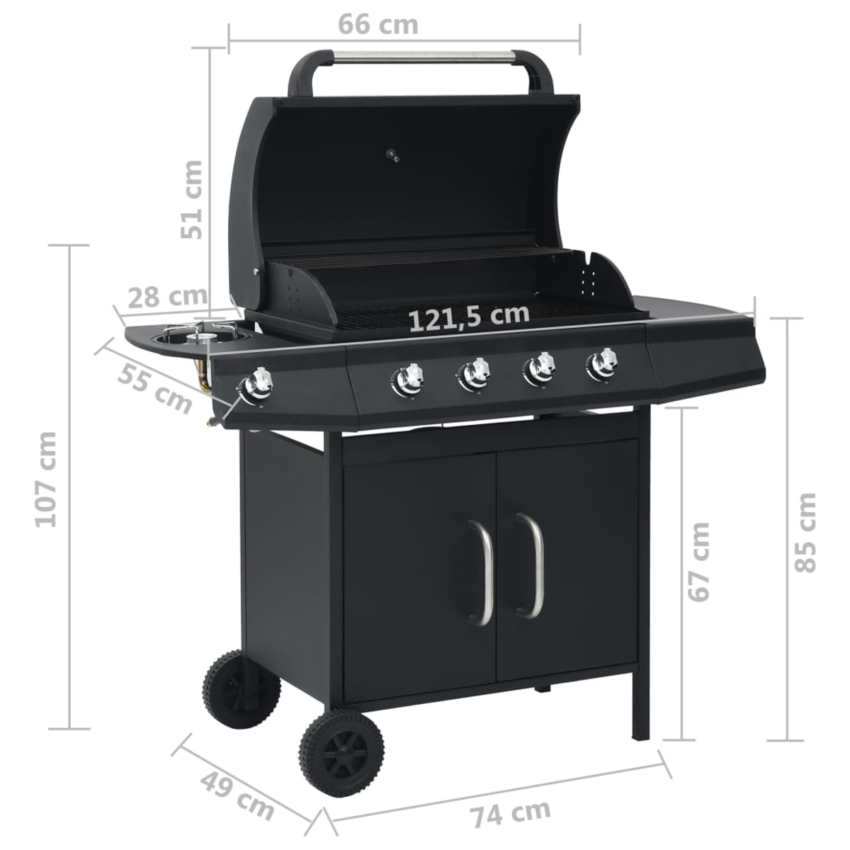 Schwarzer Grill mit Maßen. Er hat zwei Türen, Räder und einen Griff. Der Deckel ist offen.
