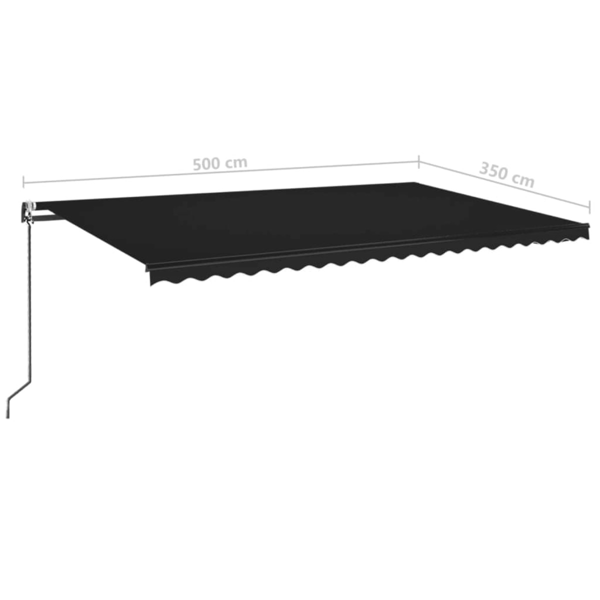 Eine schwarze Markise, die sich von einer Wand erstreckt, mit Abmessungen beschriftet.