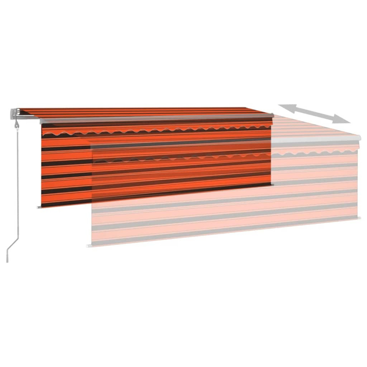 Orange und schwarz gestreifte Markise, ausgefahren. Weißer Hintergrund.