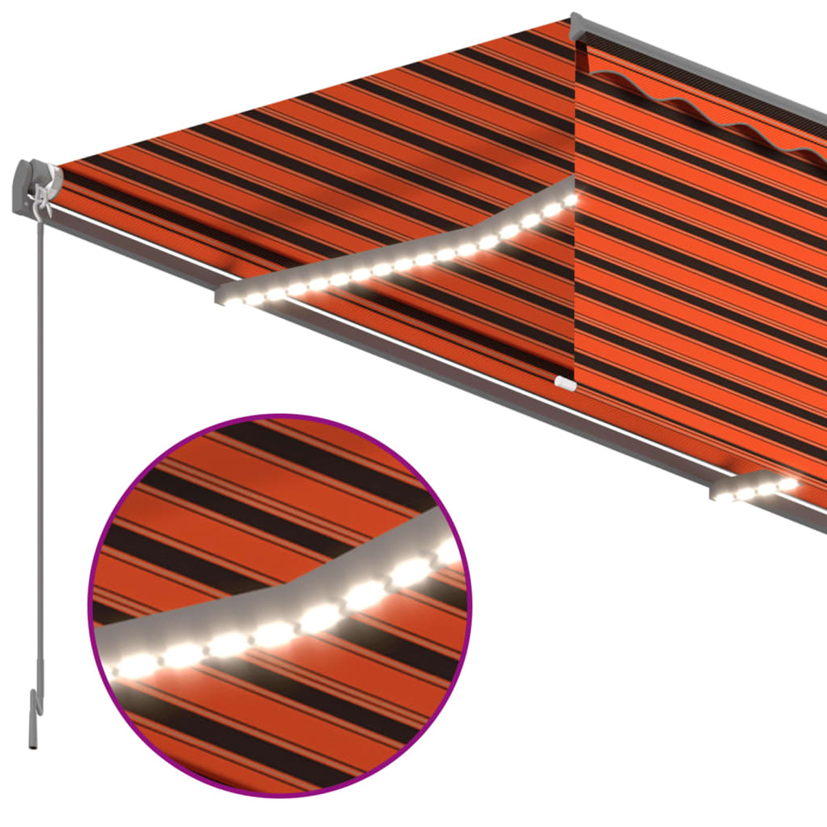 Orange-schwarz gestreifte Markise mit LED-Leuchten. Nahaufnahme der Lichter ist enthalten.