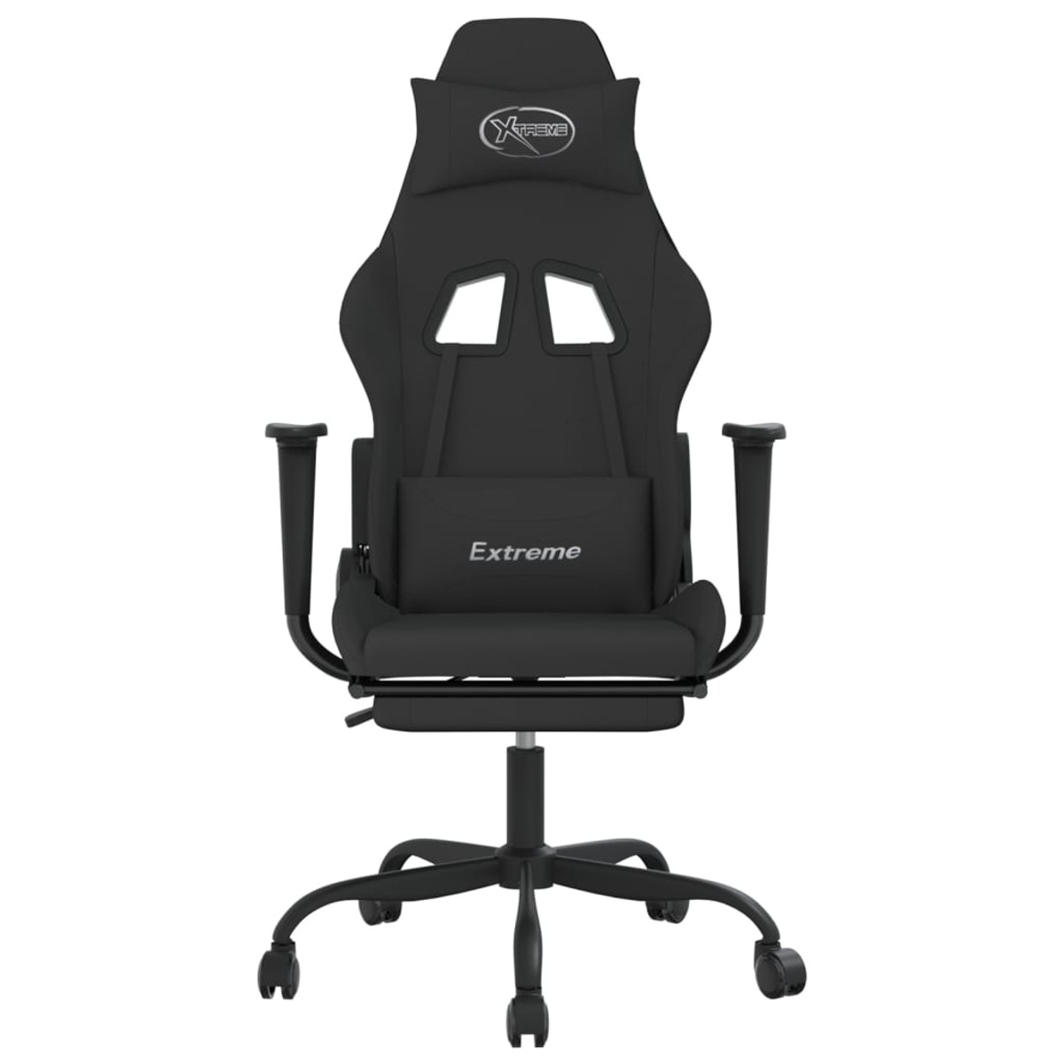 Schwarzer Gaming-Stuhl mit Logo und Fußstütze. Schwarzer Stuhl, weißer Hintergrund.