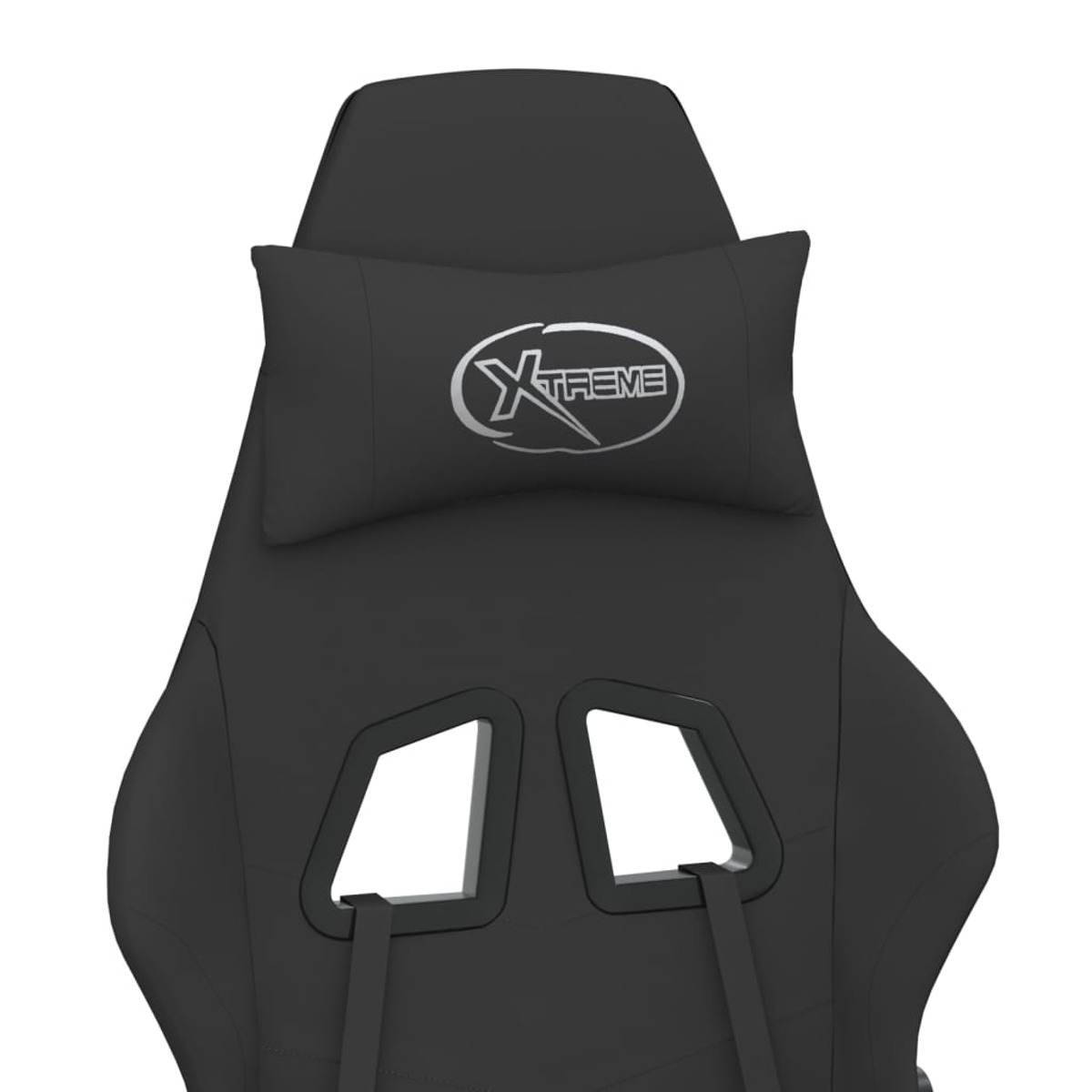 Rückenlehne eines schwarzen Gaming-Stuhls mit 'XTREME'-Logo auf der Kopfstütze. Der Stuhl hat zwei Löcher.