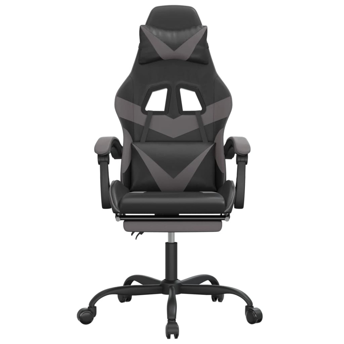 Schwarzer und grauer Gaming-Stuhl auf weißem Hintergrund. Er hat eine Kopfstütze, Armlehnen und ein Radgestell.