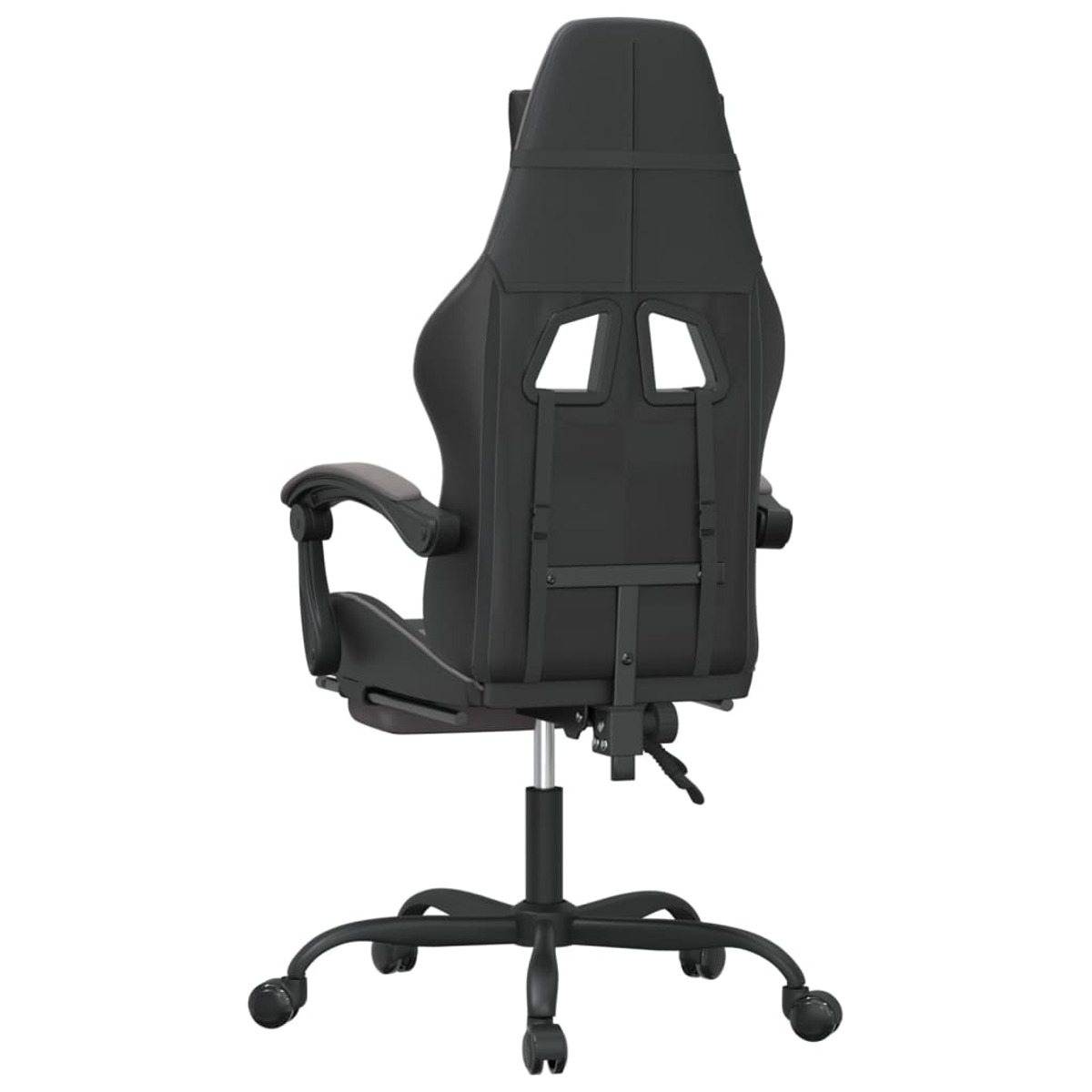 Schwarzer Gaming-Stuhl, Rückansicht, mit schwarzem Gestell und Rollen. Zwei Ausschnitte in der Rückenlehne.