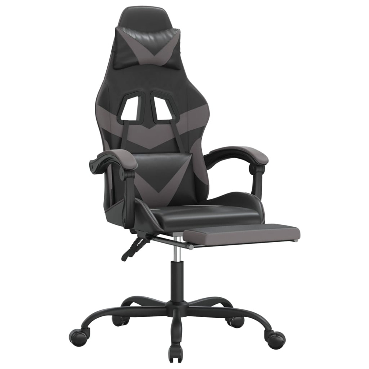 Schwarzer und grauer Gaming-Stuhl mit Fußstütze. Der Stuhl hat eine hohe Rückenlehne.