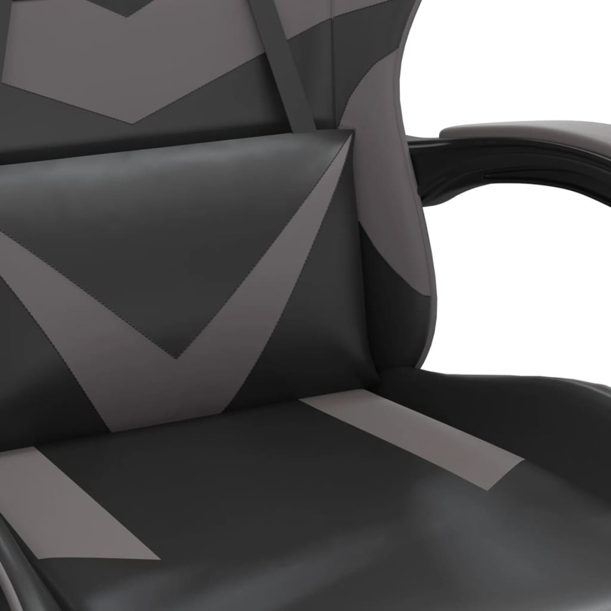 Nahaufnahme eines Gaming-Stuhls mit dunkelgrauem und schwarzem Design.