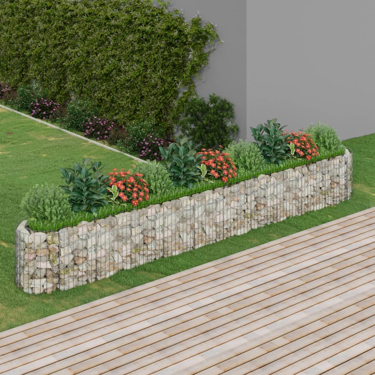 Stein- und Drahtgitter-Gabionenpflanzer mit roten Blumen, grünen Pflanzen und Holzterrasse.