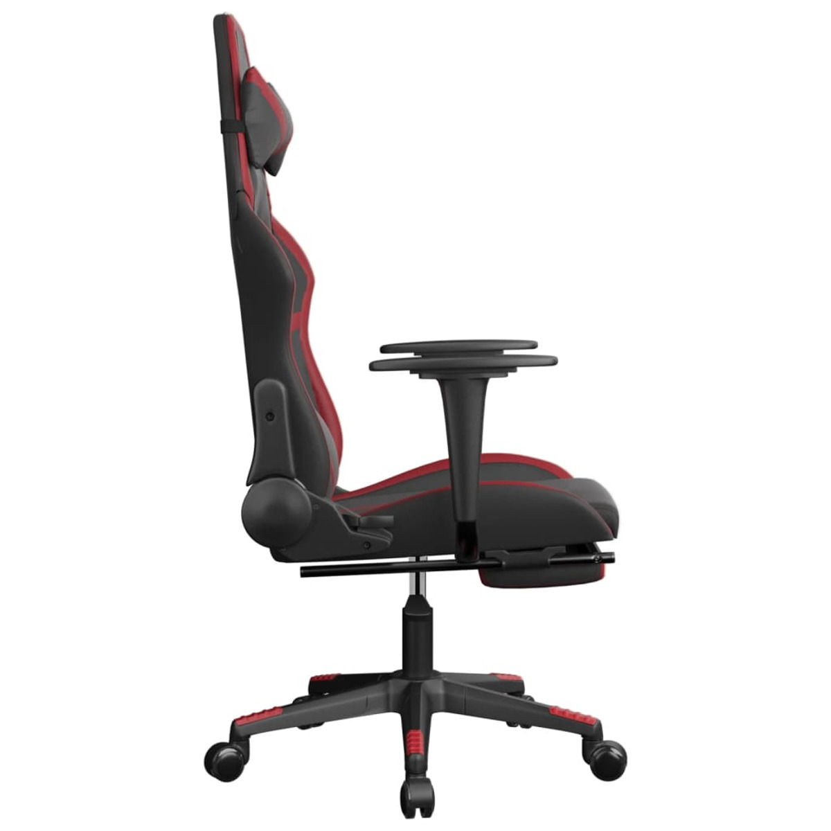 Ergonomischer Gaming-Stuhl, schwarz mit roten Akzenten. Mit verstellbarer Kopfstütze.