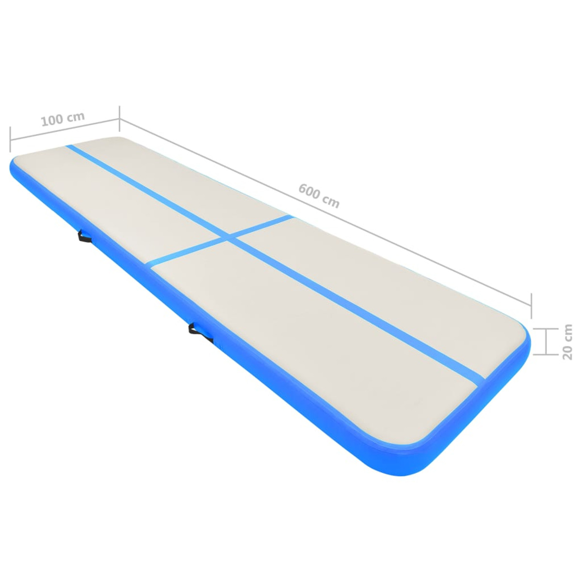 Una colchoneta de pista de aire rectangular y larga con bordes azules, superficie blanca y líneas cruzadas azules.