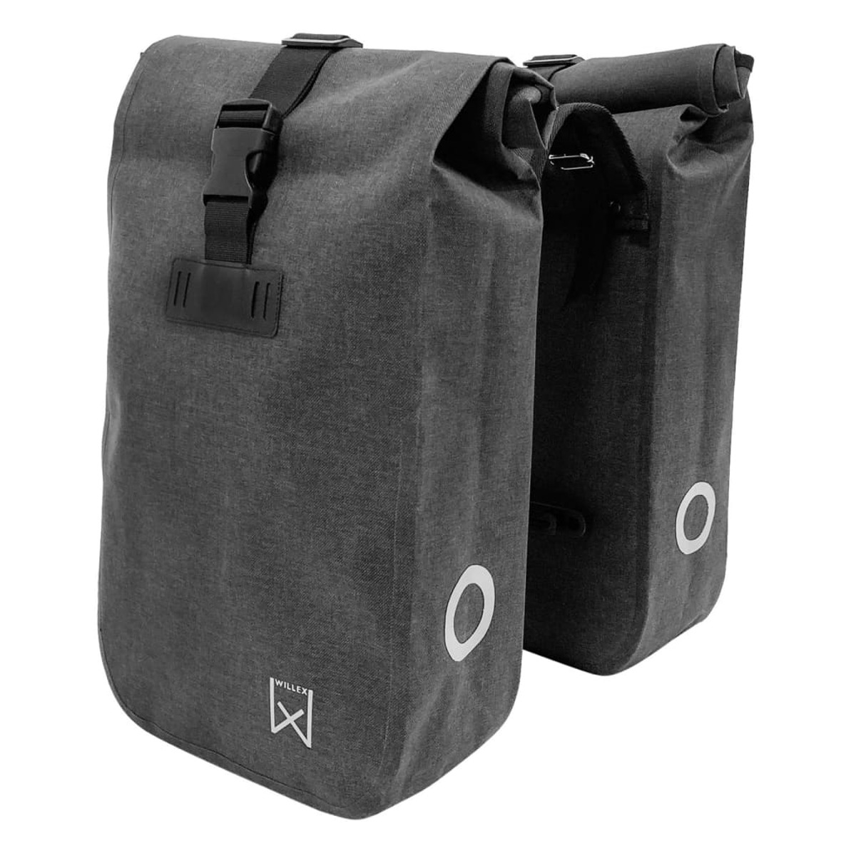 Zwei graue Fahrradtaschen mit einer schwarzen Schnalle und dem WILLLEX-Logo.