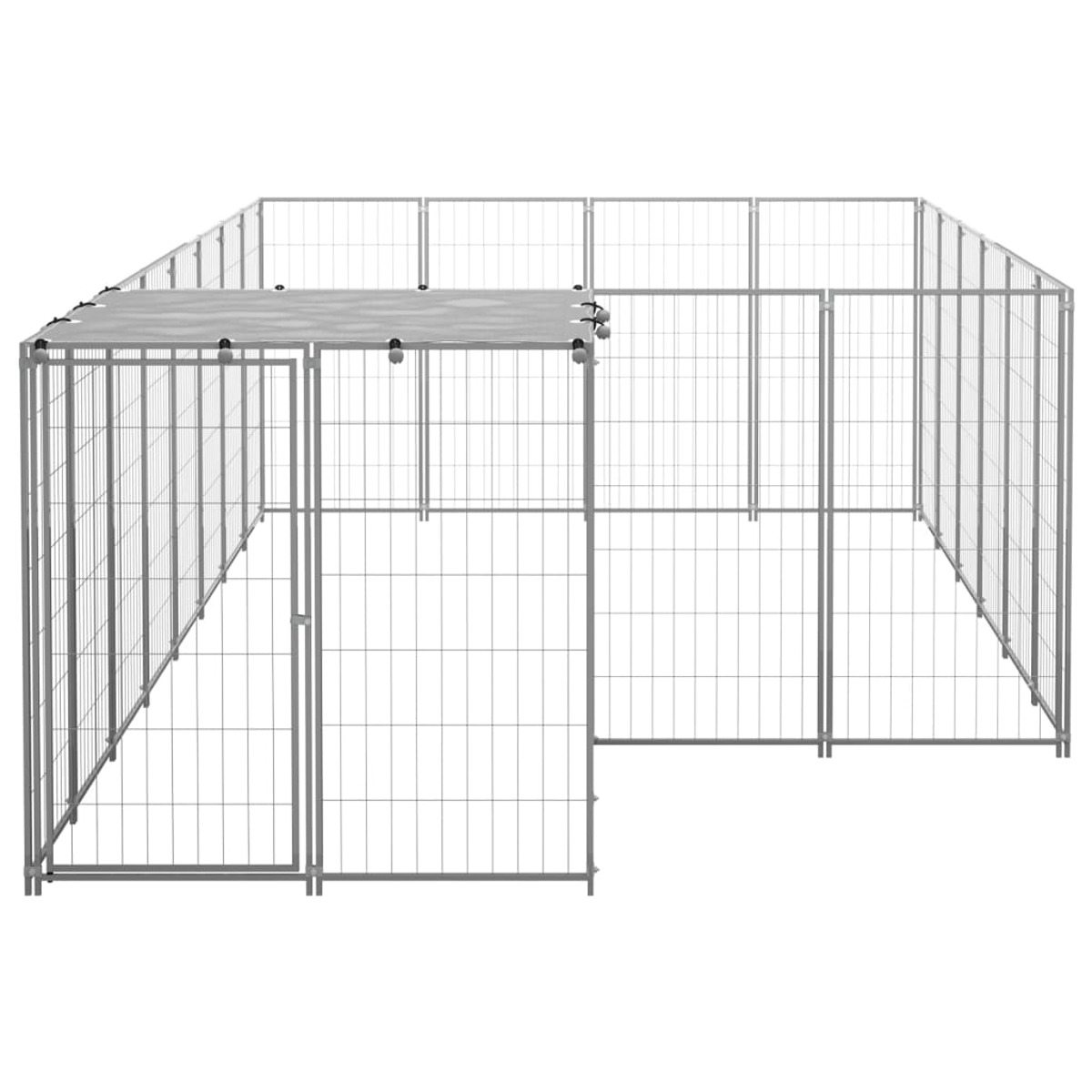 Hundeauslauf im Freien aus Metall, mit Dach und Tür.