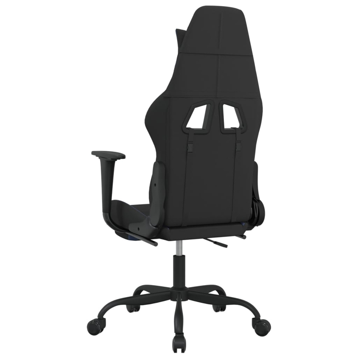 Rückansicht eines schwarzen Gaming-Stuhls, zeigt die Rückenlehne und Armlehnen. Schwarz und grau.