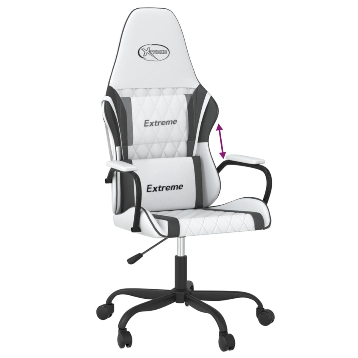 Gaming-Stuhl mit weißem, schwarzem und grauem Farbschema. Der Hintergrund ist weiß.