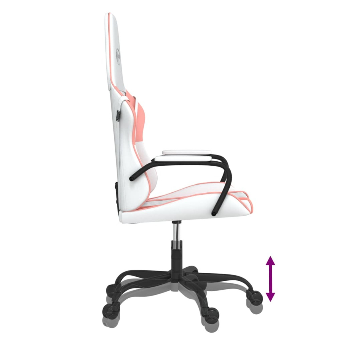 Gaming-Stuhl, weiß und rosa, Seitenansicht. Höhenverstellbar, Armlehnen und Räder.