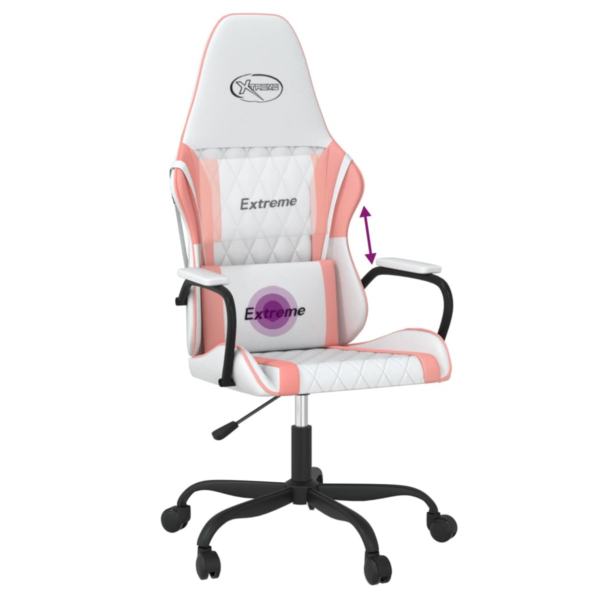 Gaming-Stuhl, weiß und rosa, mit verstellbaren Armlehnen. Weißer Hintergrund.