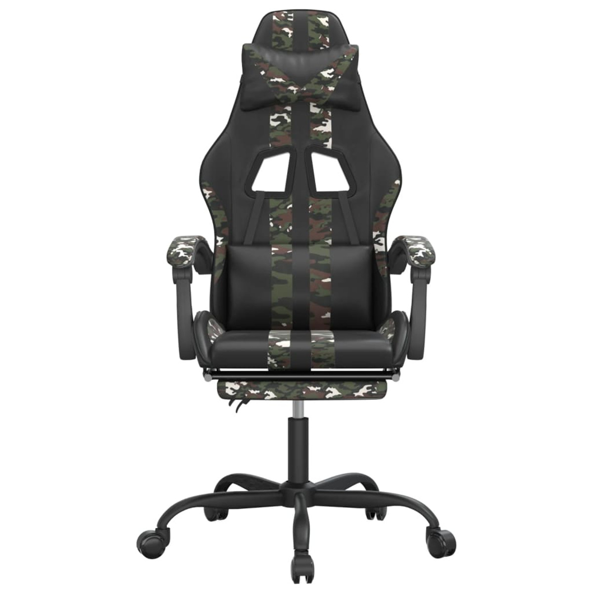 Gaming-Stuhl mit Camouflage-Muster. Schwarz, grün, weiß. Stuhl hat Kopf- und Lendenwirbelstütze.
