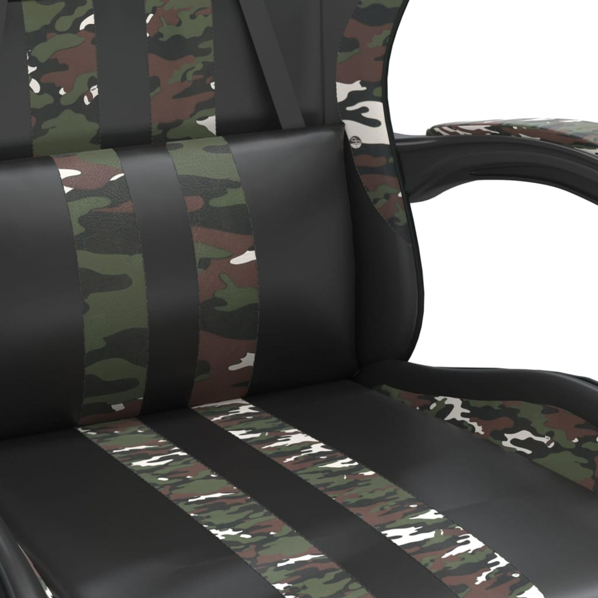 Nahaufnahme eines schwarzen Gaming-Stuhls mit Camouflage-Streifen und Akzenten auf Sitz und Rückenlehne.