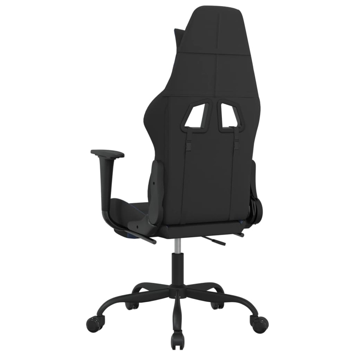 Schwarzer Gaming-Stuhl, Rückansicht. Er hat Armlehnen, ein schwarzes Gestell mit Rädern.