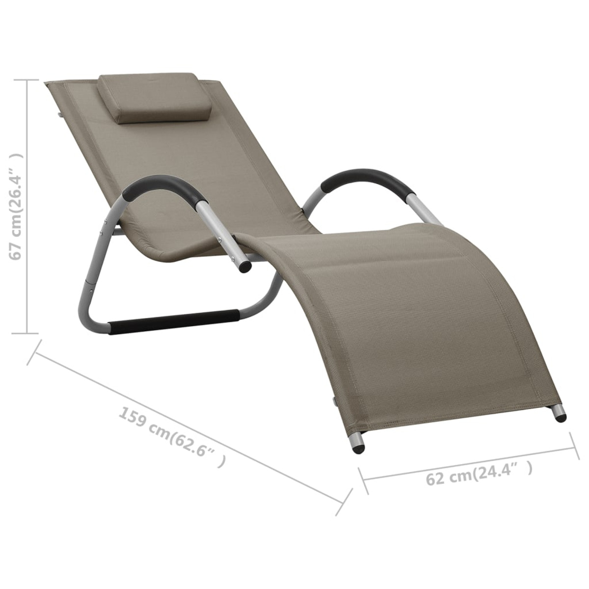 Outdoor-Liegestuhl mit Abmessungen. Es hat eine Kopfstütze und Armlehnen.