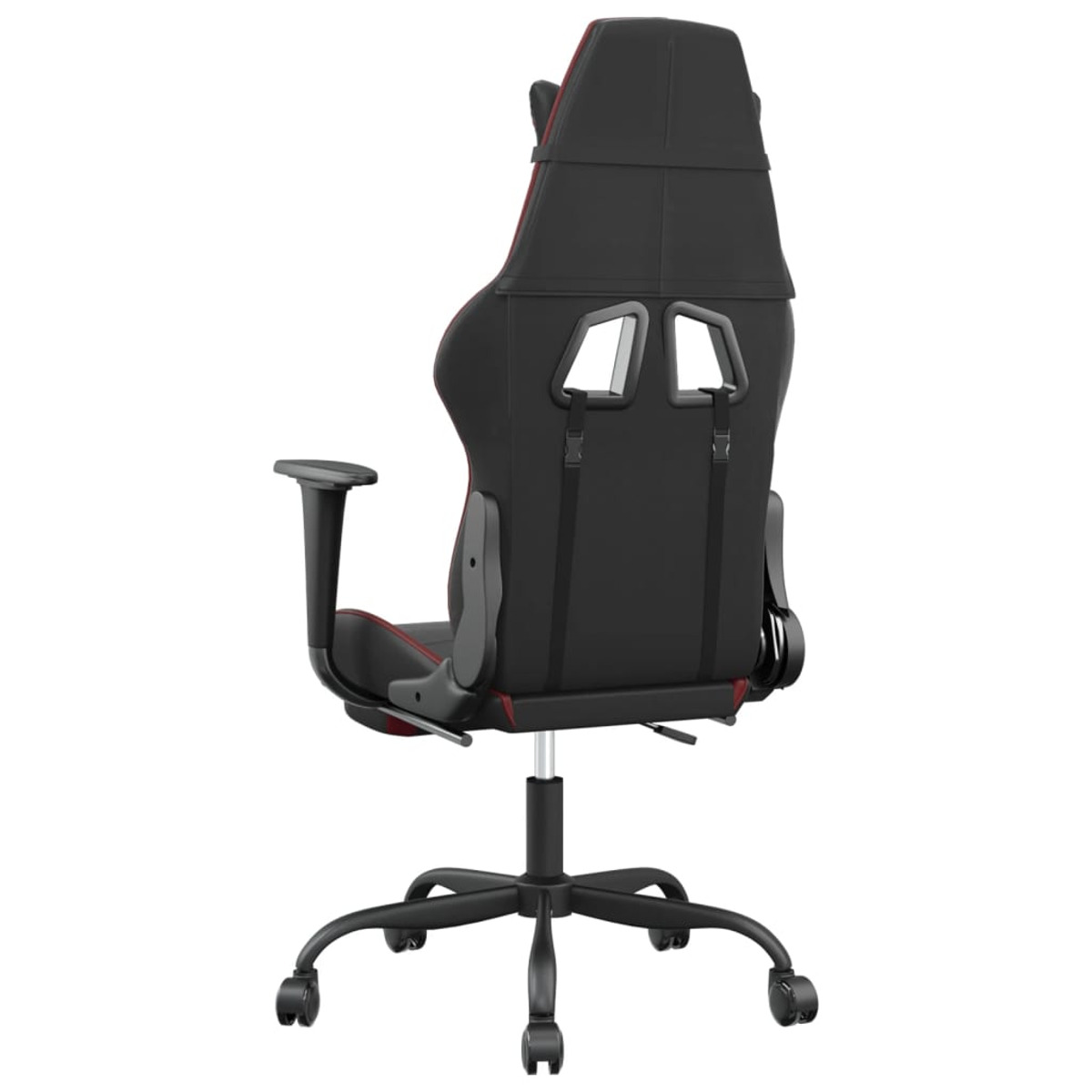 Rückansicht eines Gaming-Stuhls. Schwarz mit roten Akzenten, schwarzes Gestell mit Rollen und Trageöffnungen.
