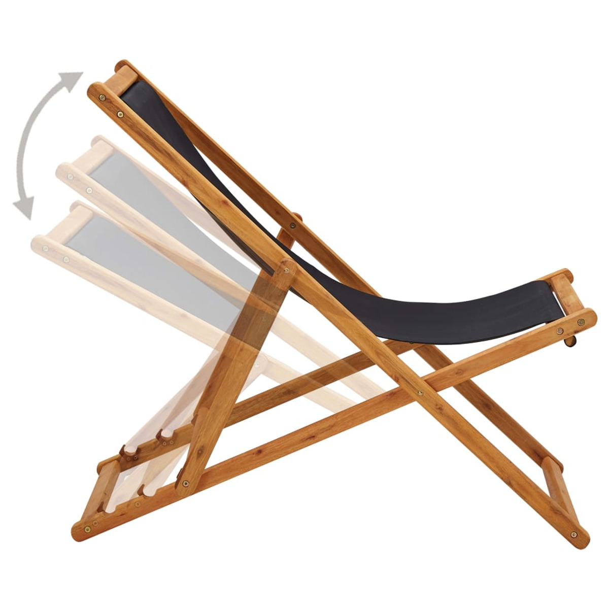 Holz-Deckchair mit schwarzem Stoff, in verschiedenen Liegepositionen gezeigt.