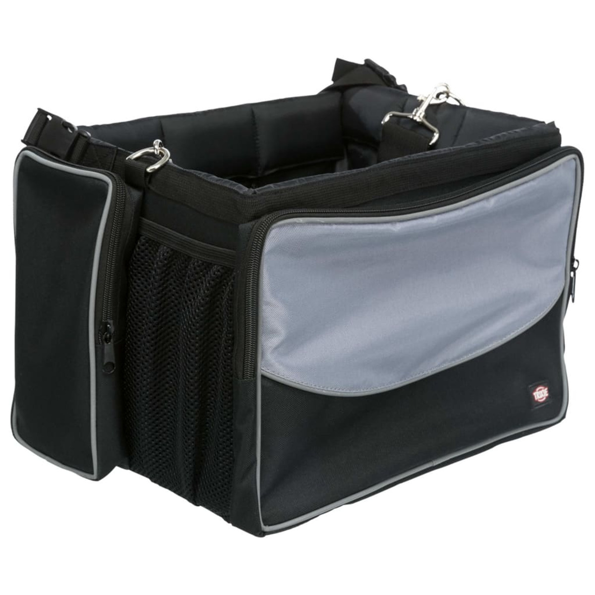 Schwarze und graue Haustiertransporttasche. Sie hat Taschen und einen Griff.