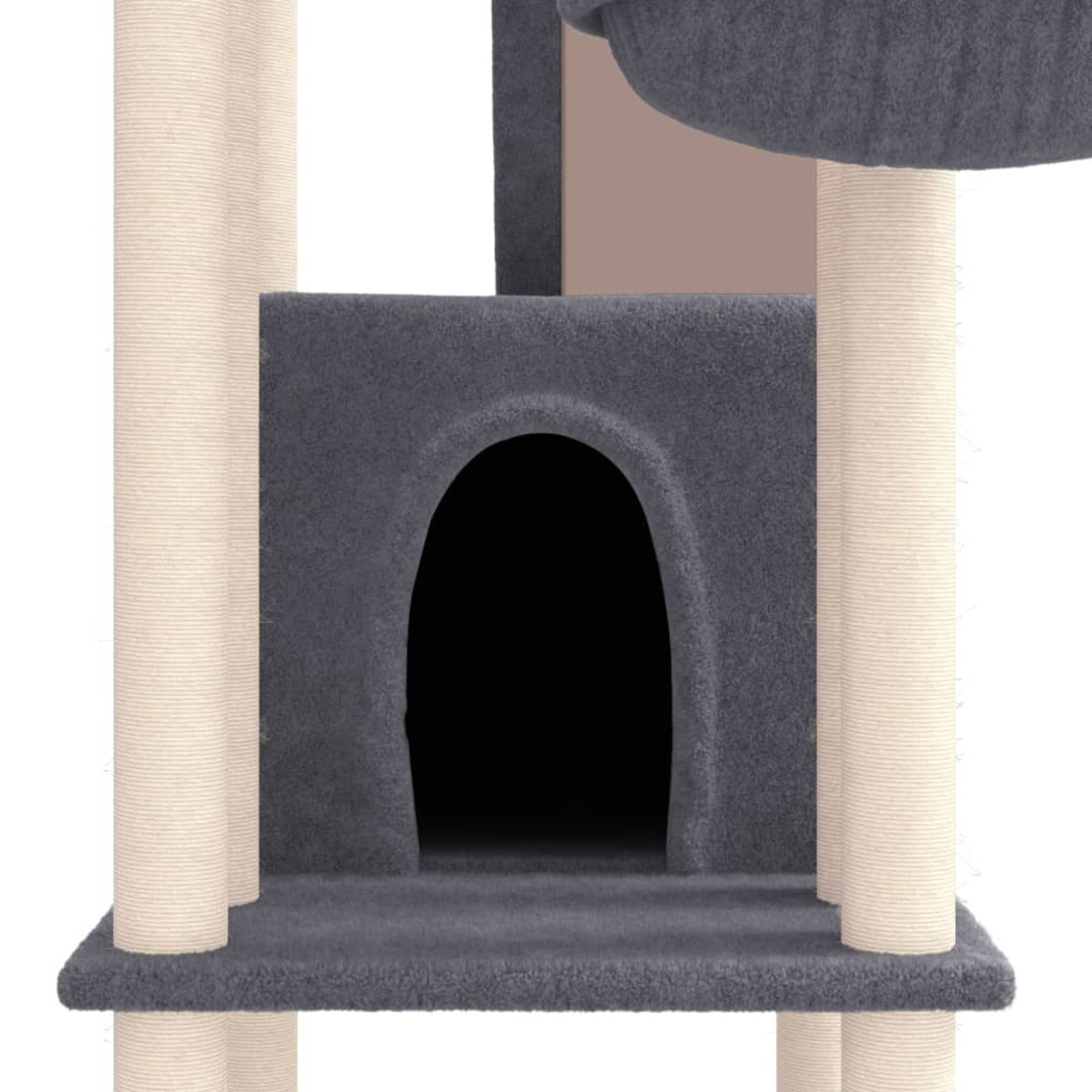Nahaufnahme einer Katzenbaumkomponente: eine graue Höhle und beige Stützpfosten.