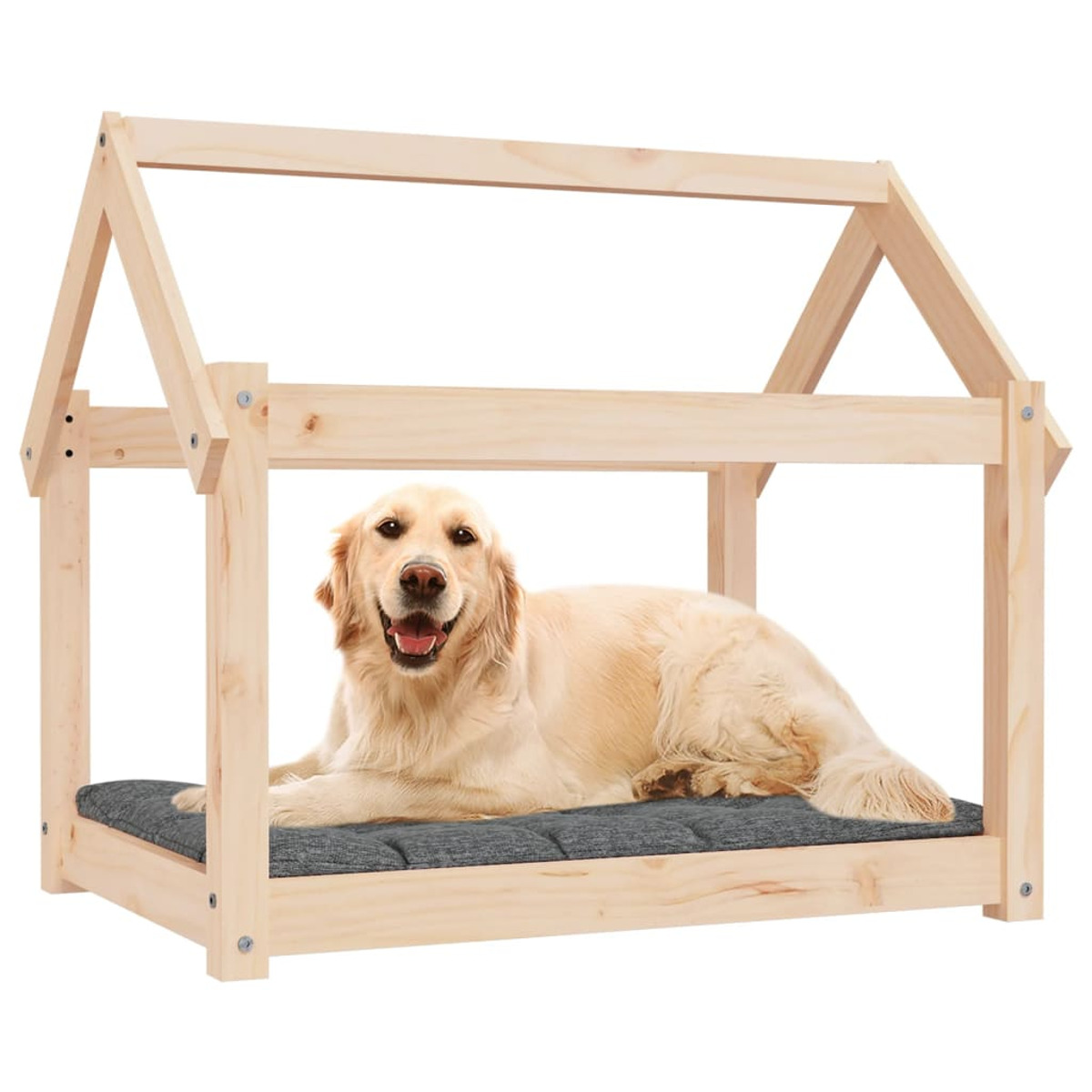 Ein Golden Retriever liegt in einem hölzernen Hundehäuschen und schaut in die Kamera.