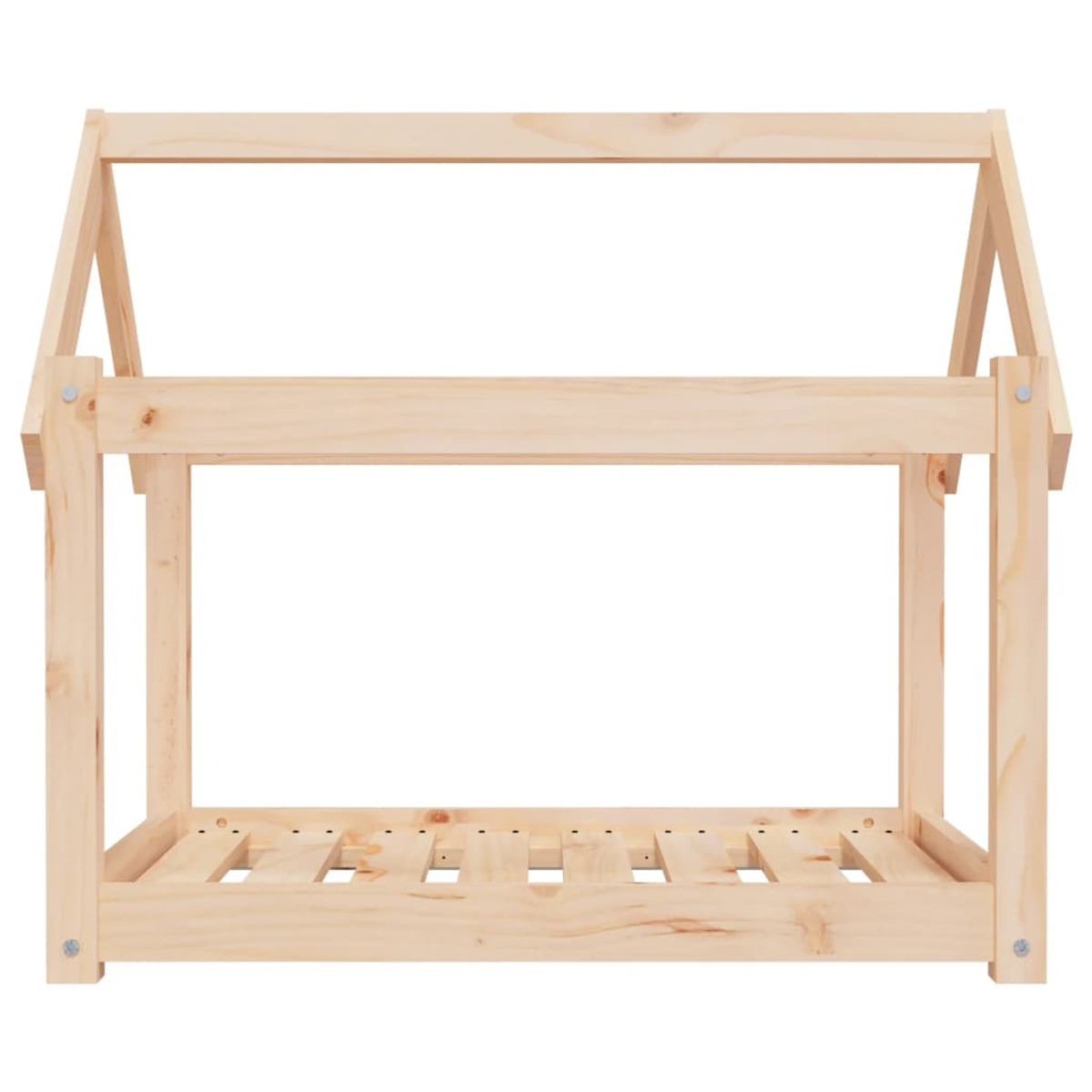 Holzrahmen eines Hausbettes. Der Rahmen besteht aus hellfarbigem Holz und hat eine Lattenbasis.