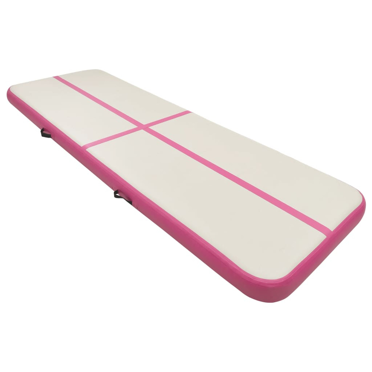 Pista d'aria gonfiabile rosa e bianca per ginnastica. Forma rettangolare.