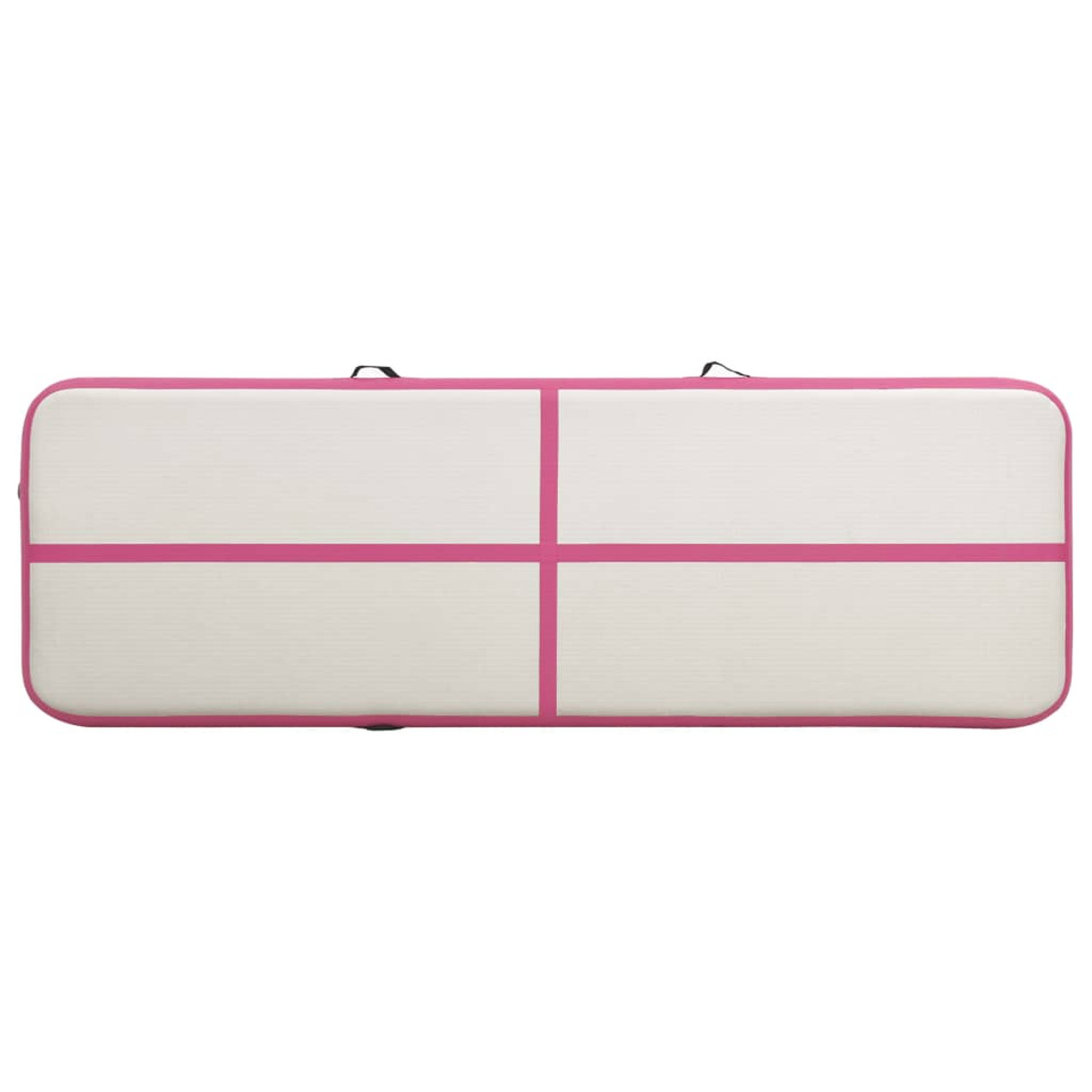 Materassino ginnico rettangolare rosa e bianco con maniglie nere e bordi rosa.