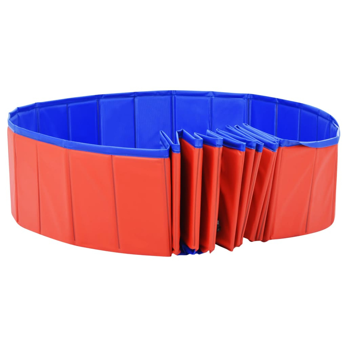 Ein zusammengefalteter tragbarer Pool. Der Pool ist rot mit blauem Innenraum.