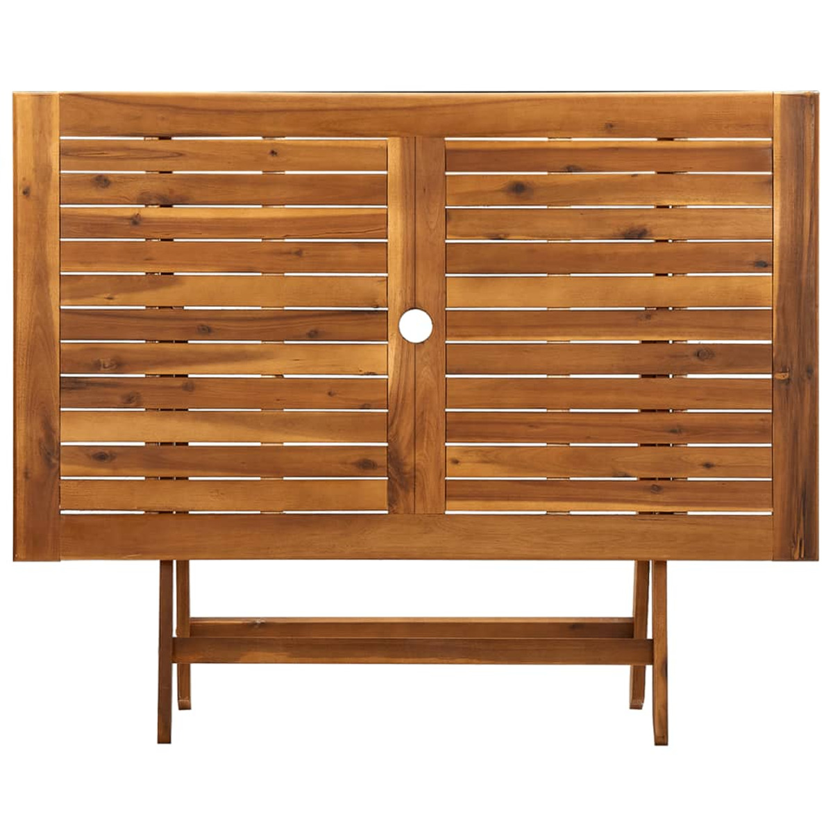 Rechteckiger Holztisch, braun, mit Lamellen. Weißer Hintergrund.