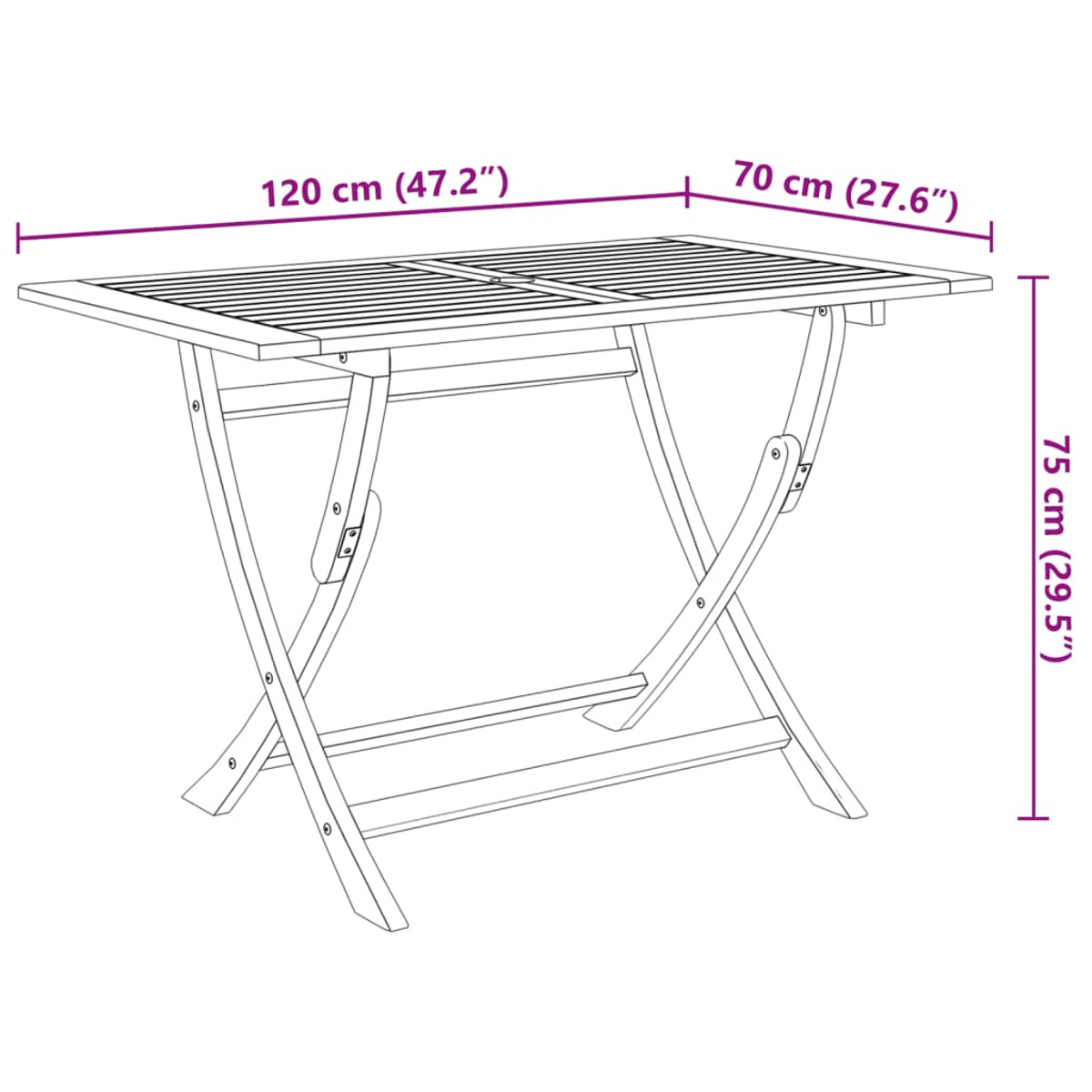 Klapptisch aus Holz mit Abmessungen und Messungen.