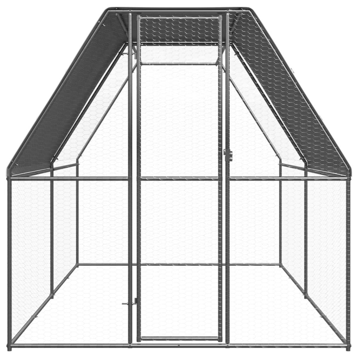 Grauer Hühnerstall mit Dach. Offenes Design, Metallrahmen, weißer Hintergrund.