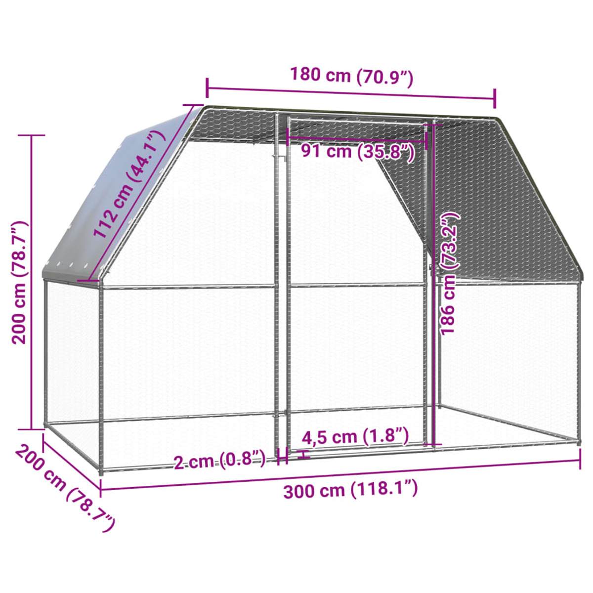 Hühnerstall mit Maßen: 300cm x 200cm x 186cm und 112cm x 180cm.