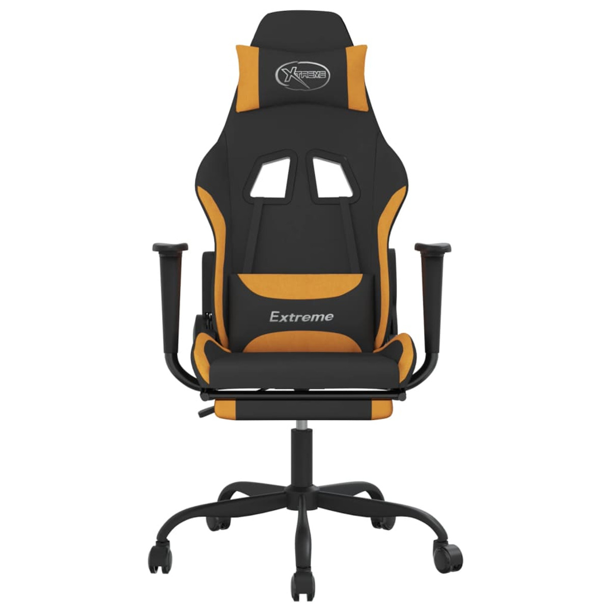 Ein schwarz-oranger Gaming-Stuhl, mit Logo auf der Kopfstütze, auf weißem Hintergrund.