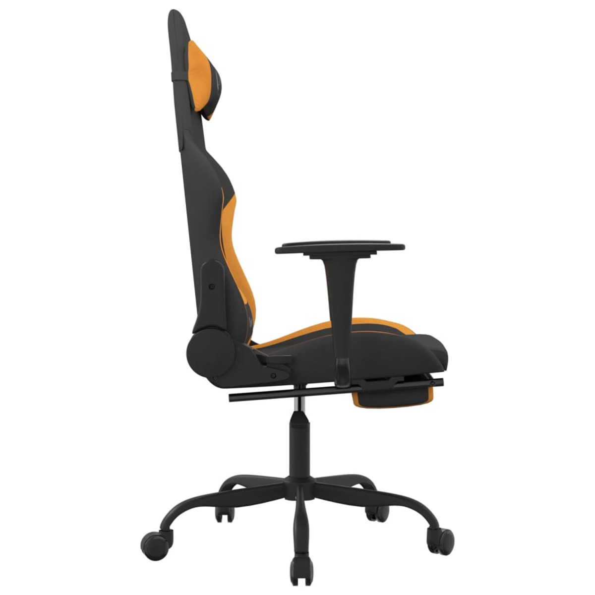 Seitenansicht eines schwarz-orangenen Gaming-Stuhls. Er hat eine Kopfstütze, Armlehnen und Rollen.