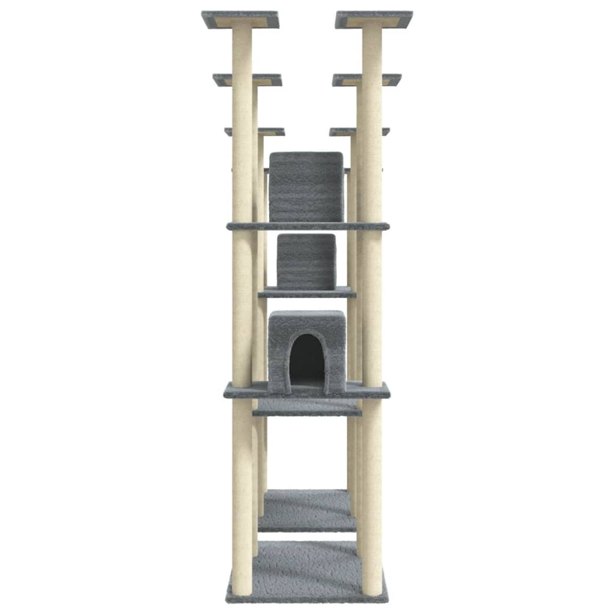 Hoher Katzenbaum mit mehreren Ebenen, Plattformen, einem Haus und Kratzbäumen auf weißem Grund.