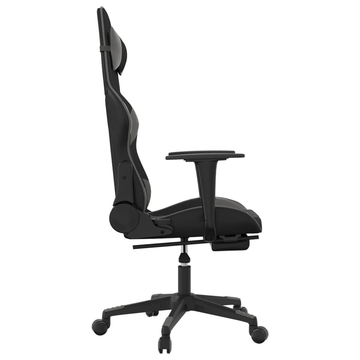 Schwarzer Gaming-Stuhl von der Seite betrachtet. Er hat eine Kopfstütze.