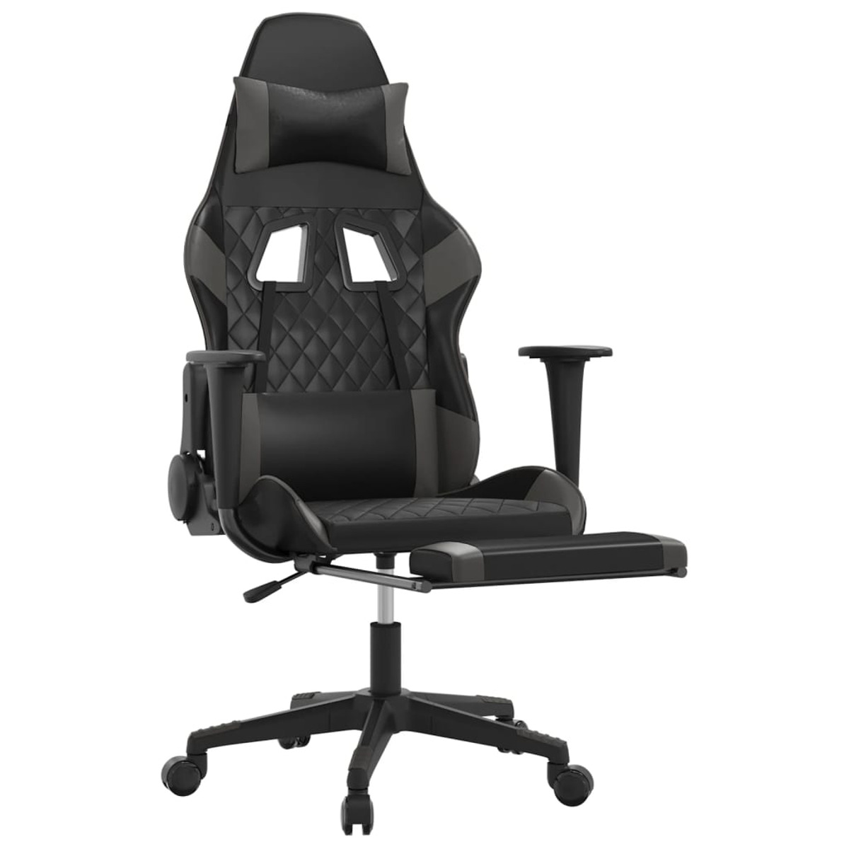 Schwarz-grauer Gaming-Stuhl. Diamantmuster. Mit Fußstütze und Armlehnen.