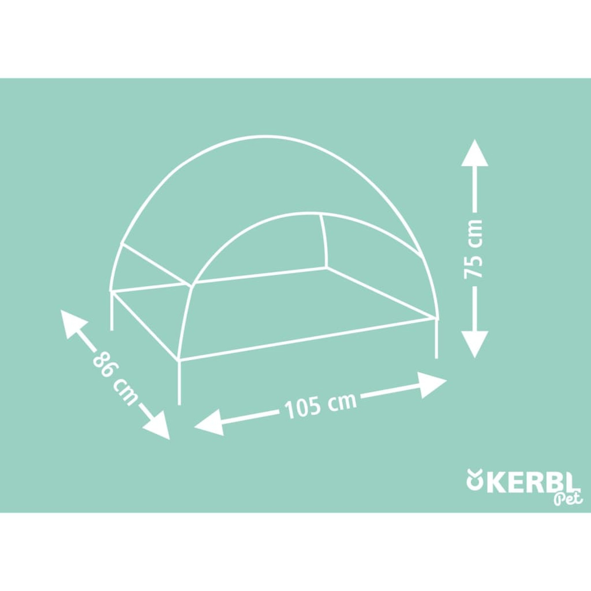Ein Diagramm zeigt ein Haustierbett mit Abmessungen in Zentimetern und dem Kerbl Pet-Logo.