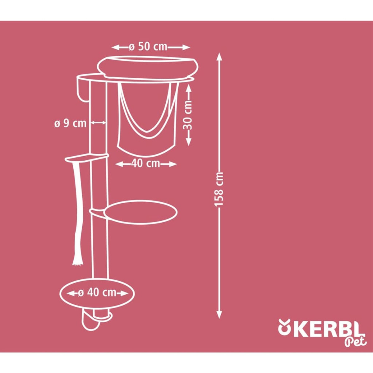 Un diagramma dell'albero per gatti con dimensioni. Presenta piattaforme, un giocattolo pendente e un tiragraffi.
