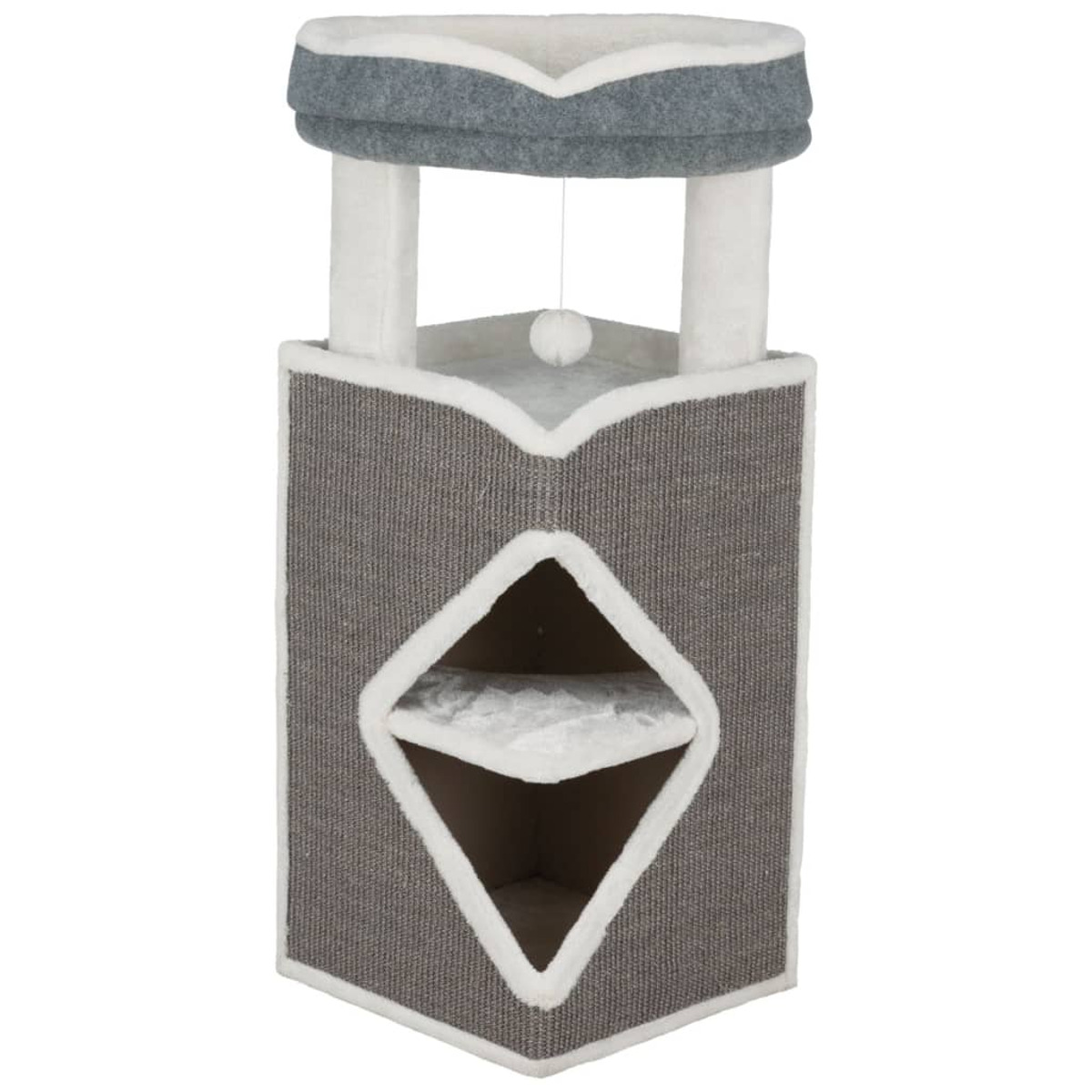 Albero per gatti con scatola, piattaforme e un giocattolo appeso. Colori grigio e bianco.