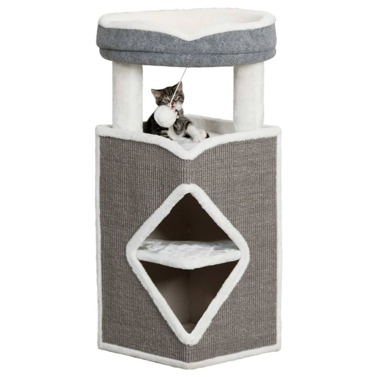 Albero per gatti con un gatto che gioca con un giocattolo, all'interno di una struttura grigia.