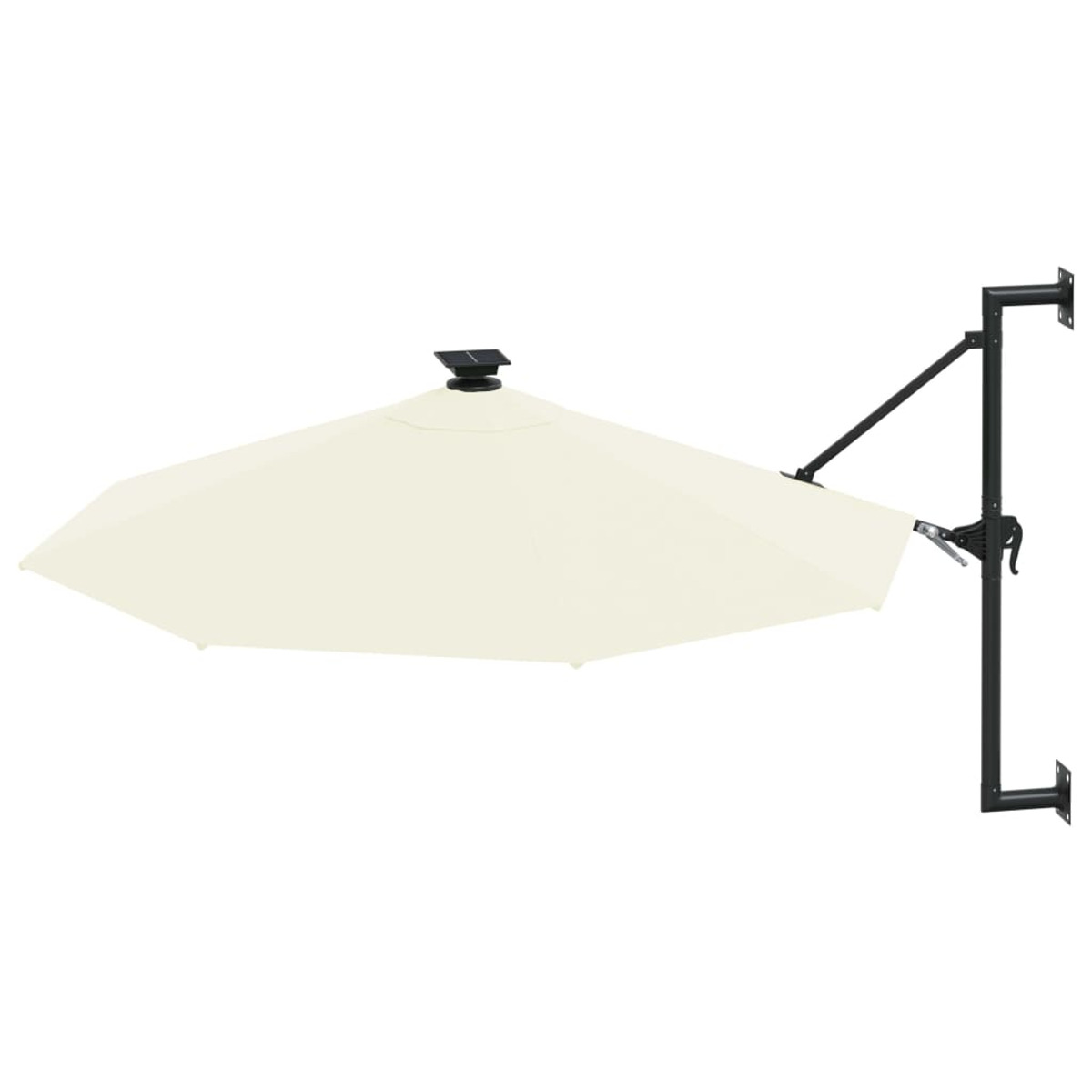 Ein beiger Schirm mit Solarpanel und Stützarm.